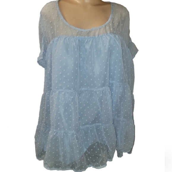 Blue flowy blouse with Dot design, sheer back. - Picture 3 of 5